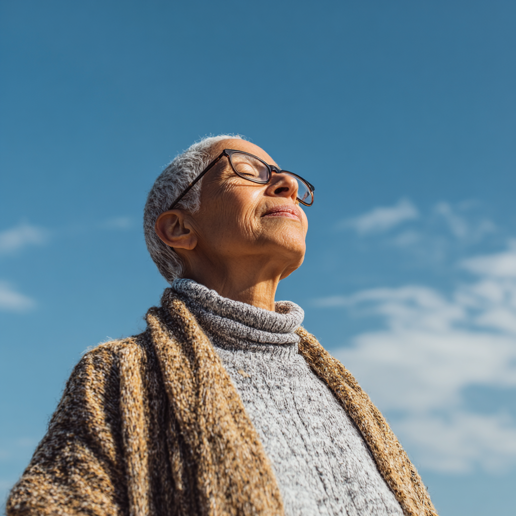 Peaceful elderly European woman practicing gentle yoga poses outdoors in natural lighting