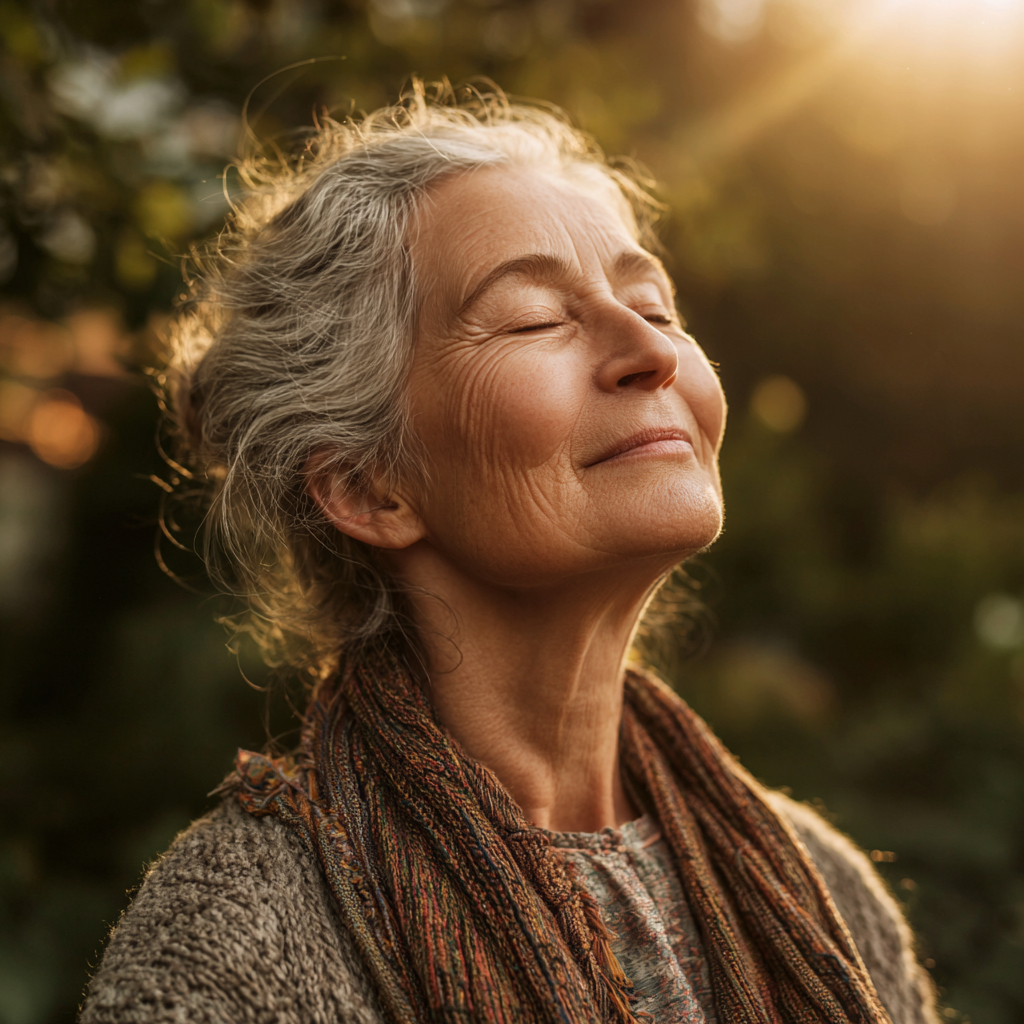 Content elderly European person doing desk yoga stretches in bright office environment