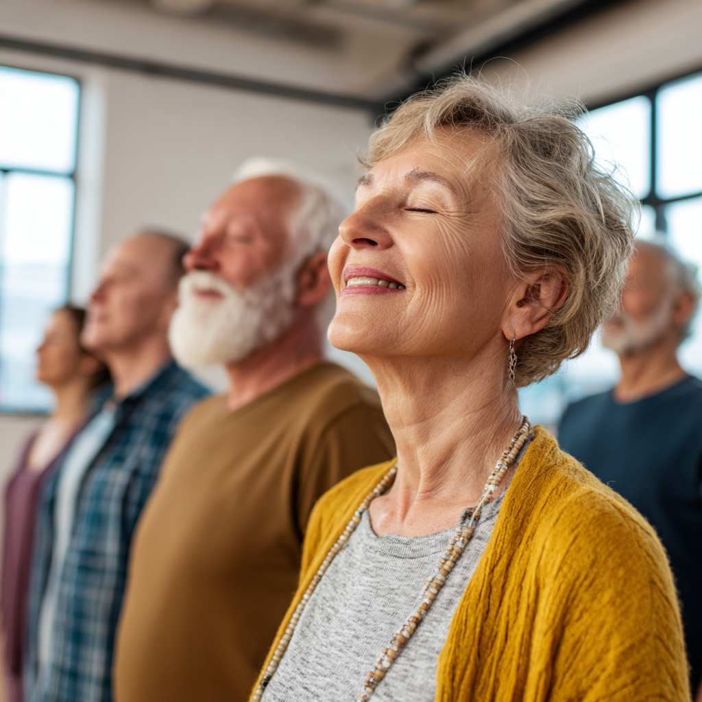 Serene elderly European person meditating by water in peaceful natural setting